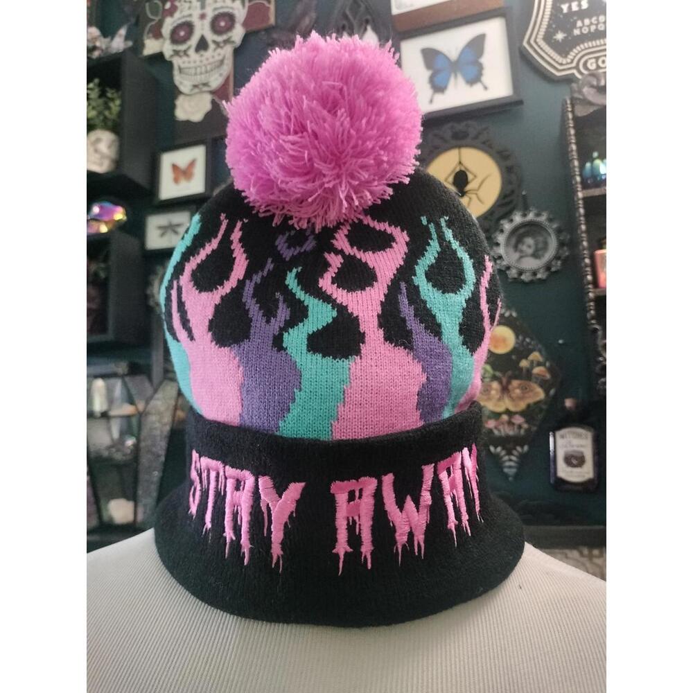 Too fast pastel goth flames "stay away" winter beanie hat